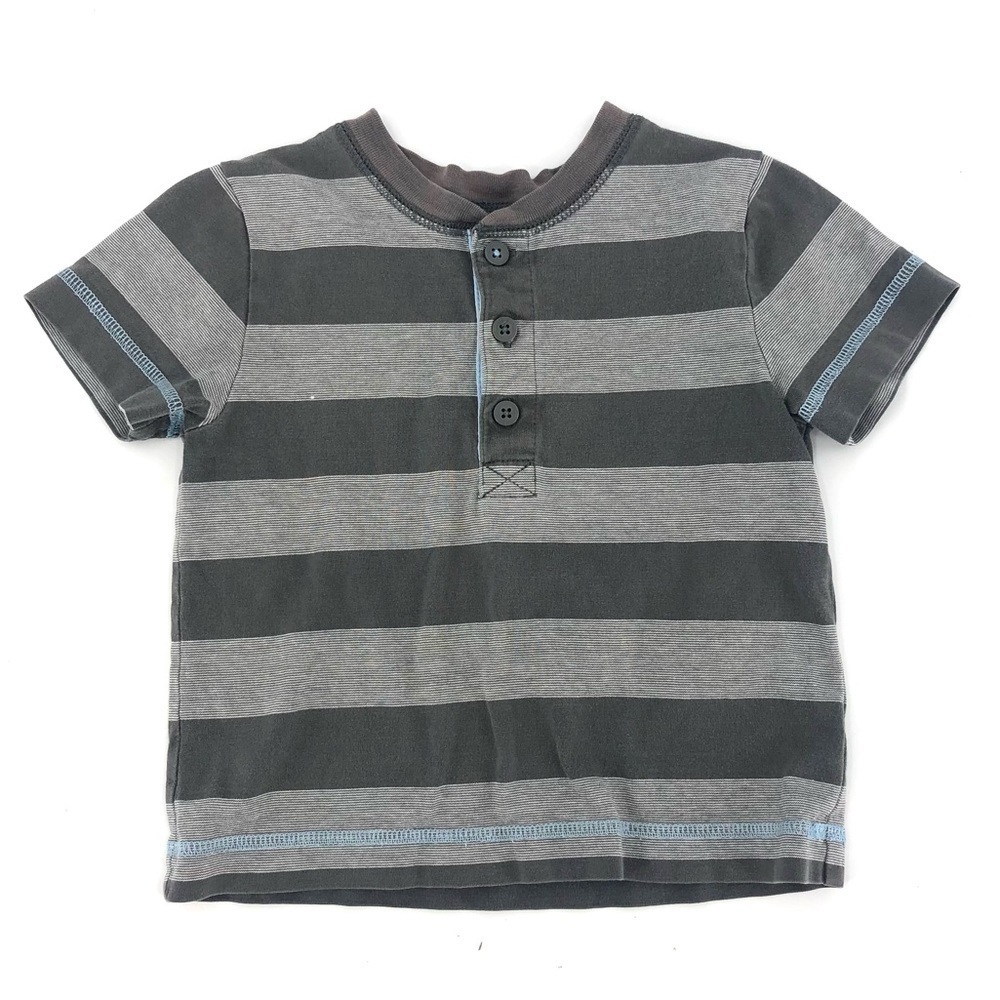 Hanna Andersson 80 Boys 2 Short Sleeve Henley Top Shirt Gray Blue Stripe Cotton